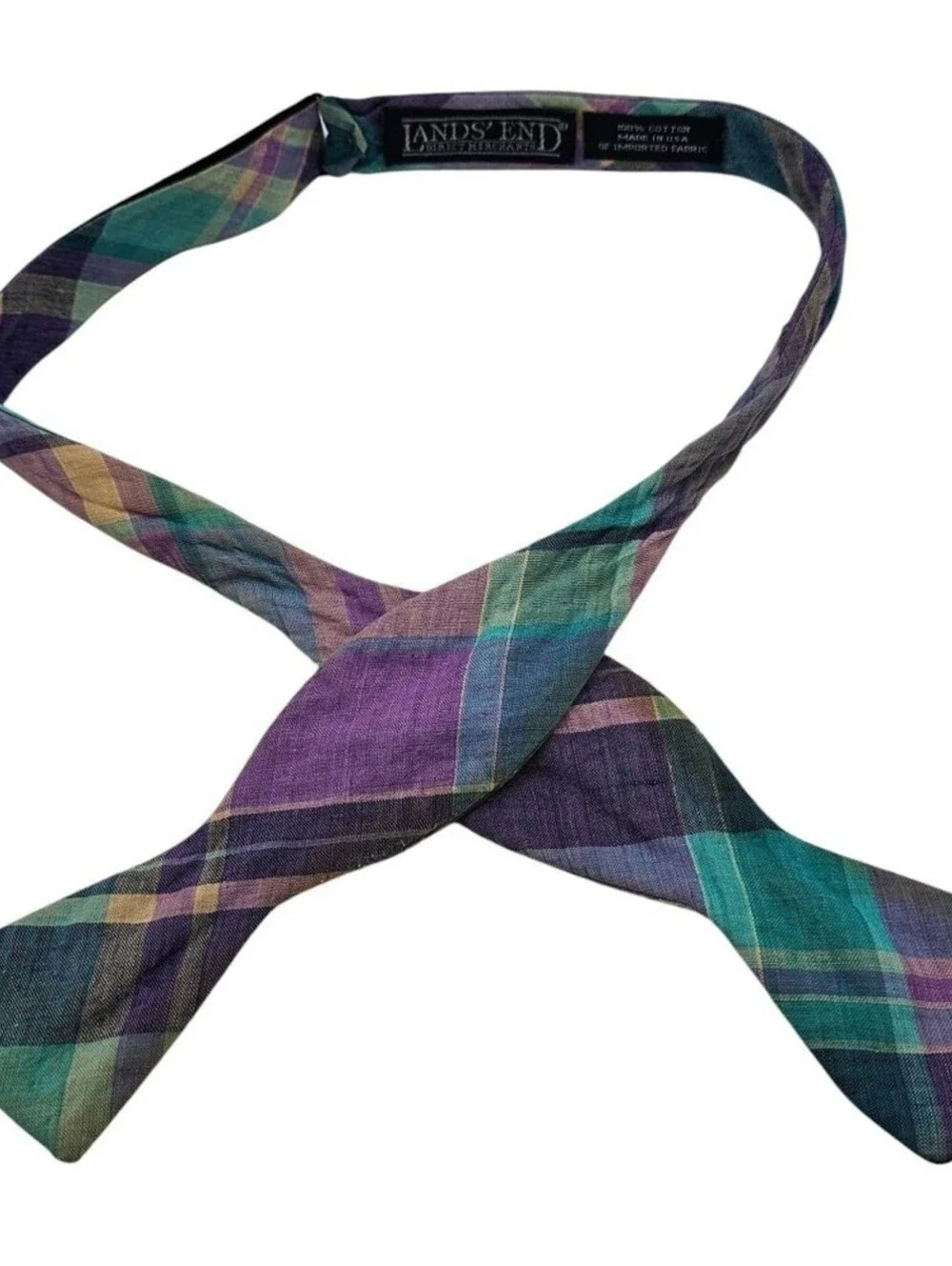 Lands End Mens Self Tie Cotton Bowtie Bow Tie pastel Plaid Spring Easter